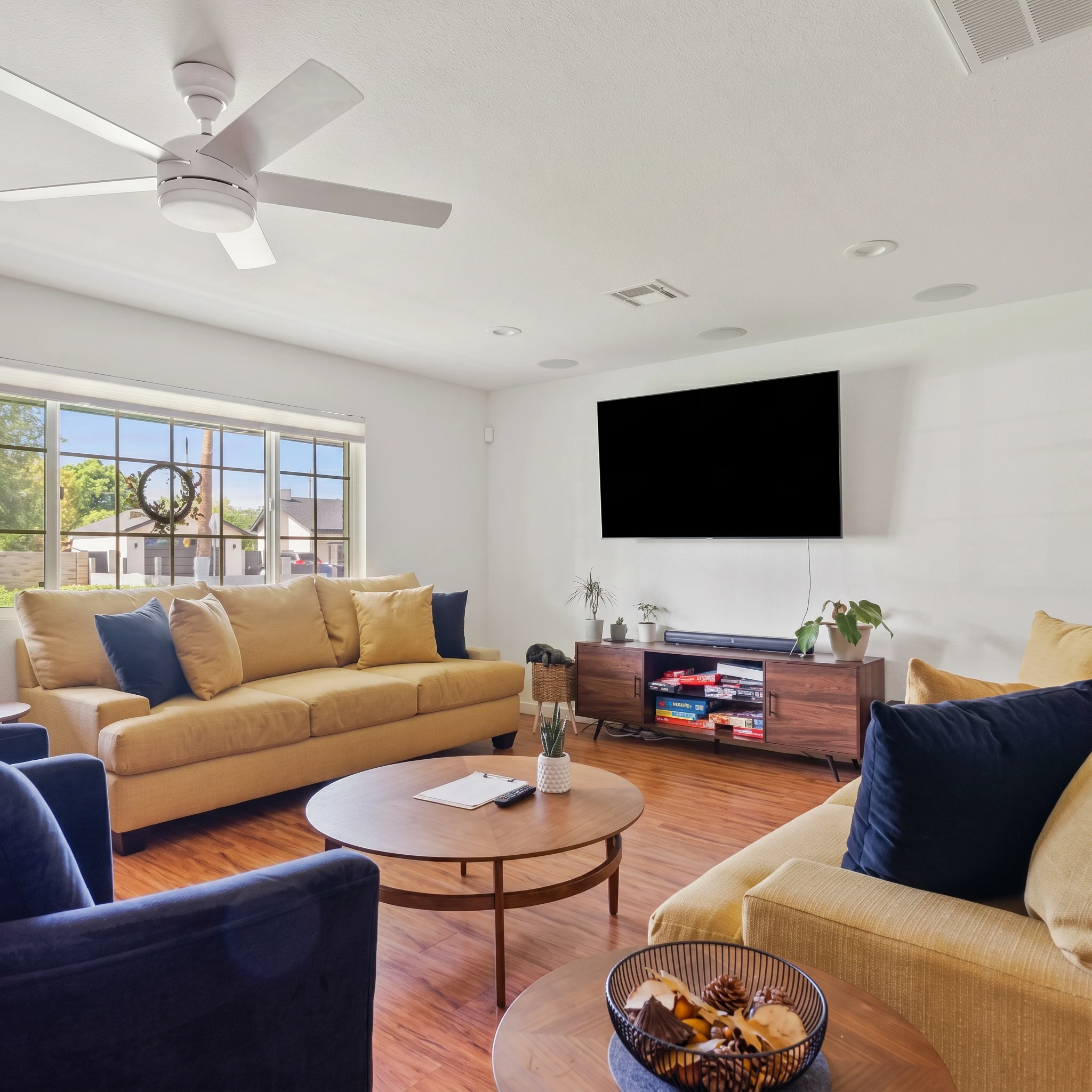 Residential living room with natural light and round coffee table