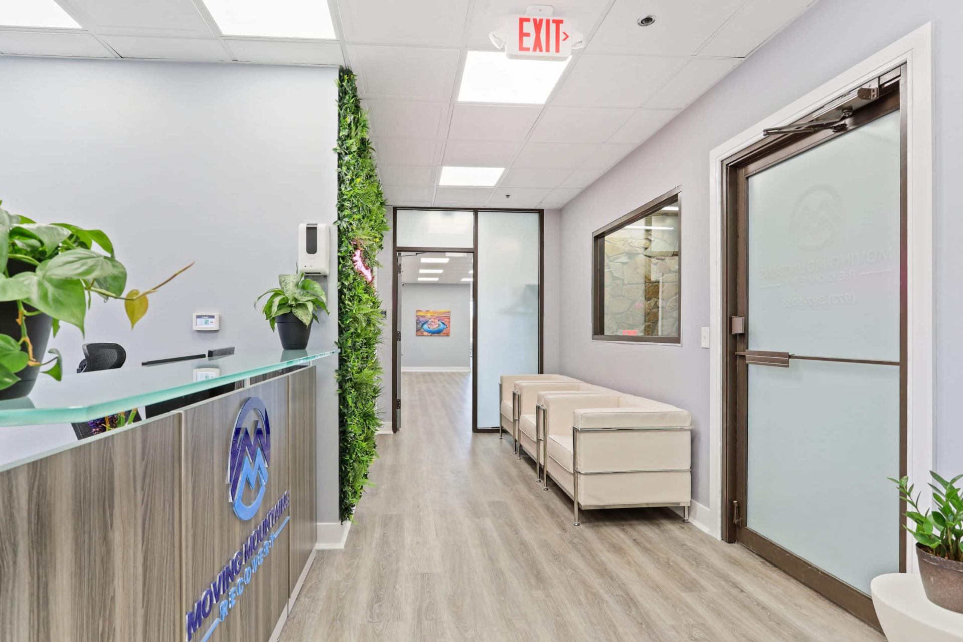 Reception hallway with living plant wall and Moving Mountains logo